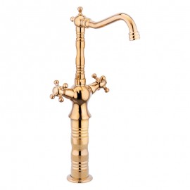 GoldenRise Altın Gold Çanak Lavabo Bataryası – 360° Döner Borulu, Çift Kollu Retro Model