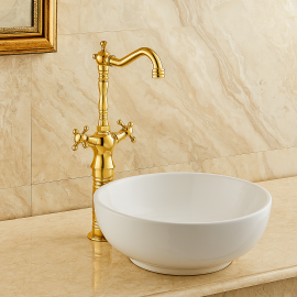GoldenRise Altın Gold Çanak Lavabo Bataryası – 360° Döner Borulu, Çift Kollu Retro Model