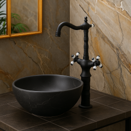 BlackTower 360° Mat Siyah Çanak Lavabo Bataryası – Çift Kollu, Retro Model