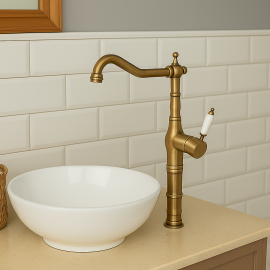 AntiqueBasin Porselen Kollu Antik Eskitme Çanak Lavabo Bataryası – 360° Döner Başlık, Su Tasarruflu