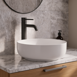 ElegantBlack Uzun Ağızlı Mat Siyah Çanak Lavabo Bataryası – Su Tasarruflu Pirinç Gövde