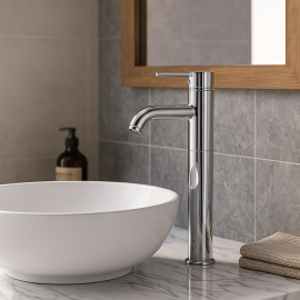 ElegantChrome Uzun Ağızlı Krom Çanak Lavabo Bataryası – Su Tasarruflu Pirinç Gövde