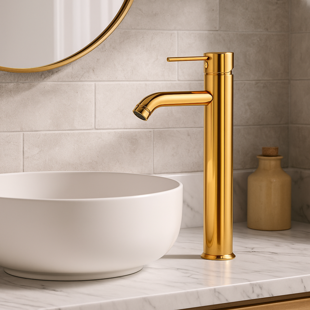 ElegantGold Uzun Ağızlı Gold Çanak Lavabo Bataryası – Su Tasarruflu Pirinç Gövde