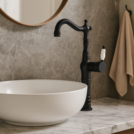 VintageBlack Porselen Kollu Mat Siyah Çanak Lavabo Bataryası – 360° Döner Başlık, Su Tasarruflu