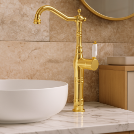 VintageGold Porselen Kollu Gold Çanak Lavabo Bataryası – 360° Döner Başlık, Su Tasarruflu
