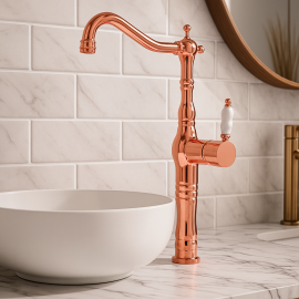 VintageRose Porselen Kollu Rose Gold Çanak Lavabo Bataryası – 360° Döner Başlık, Su Tasarruflu