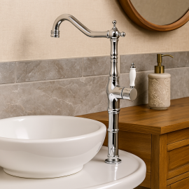 VintageBasin Porselen Kollu Krom Çanak Lavabo Bataryası – 360° Döner Başlık, Su Tasarruflu