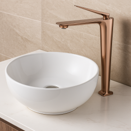 Aurora Rose Gold Çanak Lavabo Bataryası – Parlak Rose Kaplama, Yüksek Model