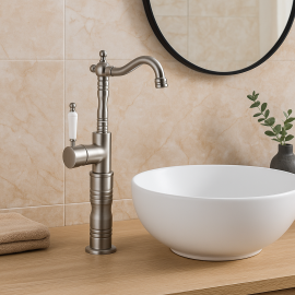 Valente Inox Çanak Lavabo Bataryası – Klasik Seramik Kollu, Yüksek Model