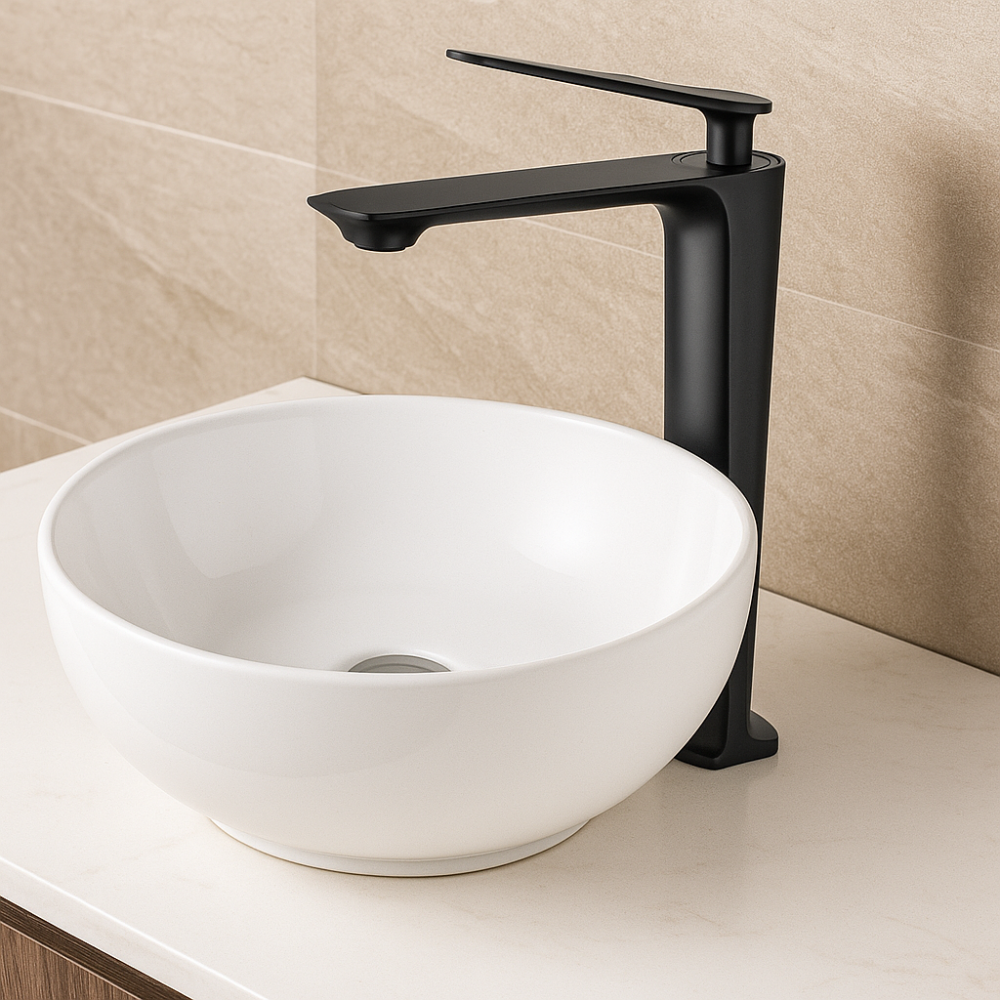 Aurora Black Çanak Lavabo Bataryası – Mat Siyah Kaplama, Yüksek Model